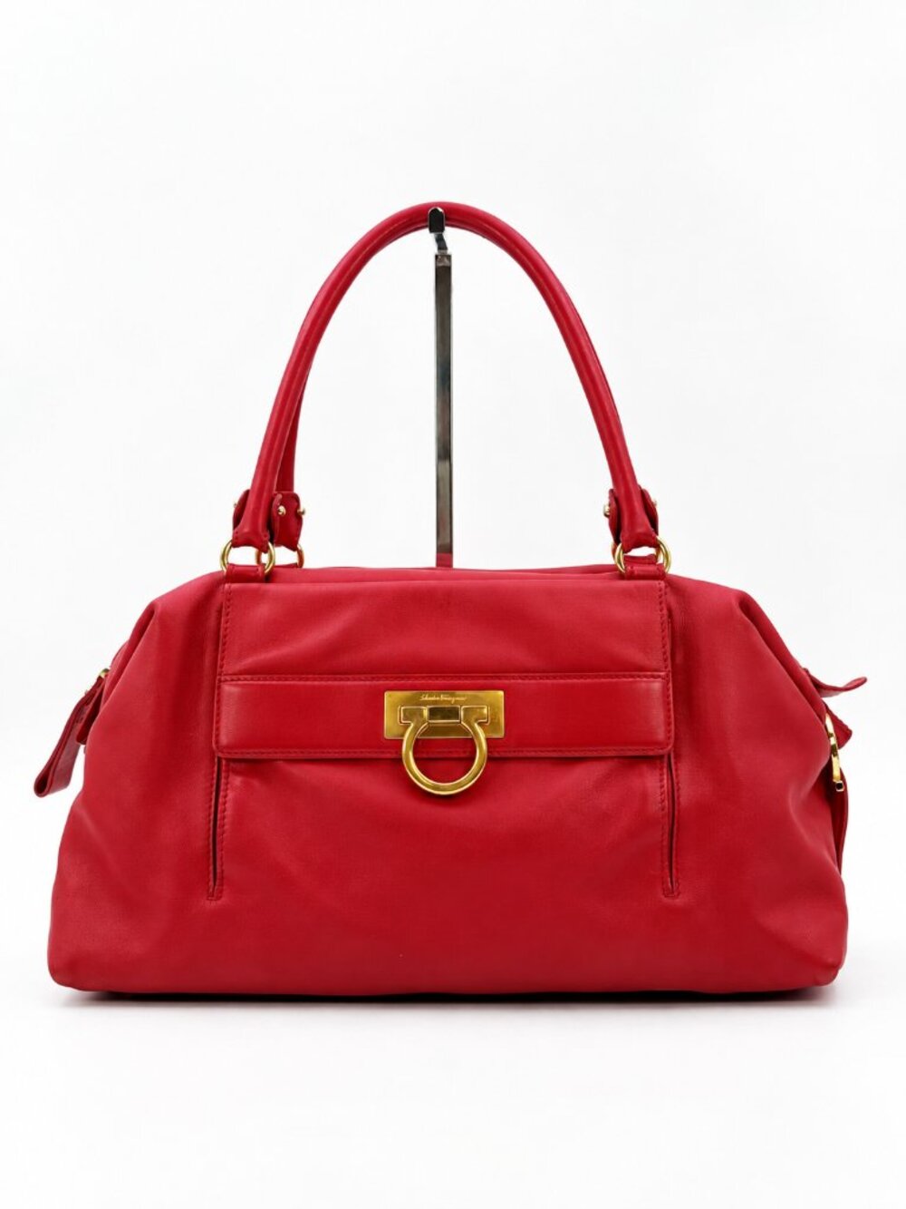 Salvatore Ferragamo Red Leather Gancini Satchel Shoulder Bag Large